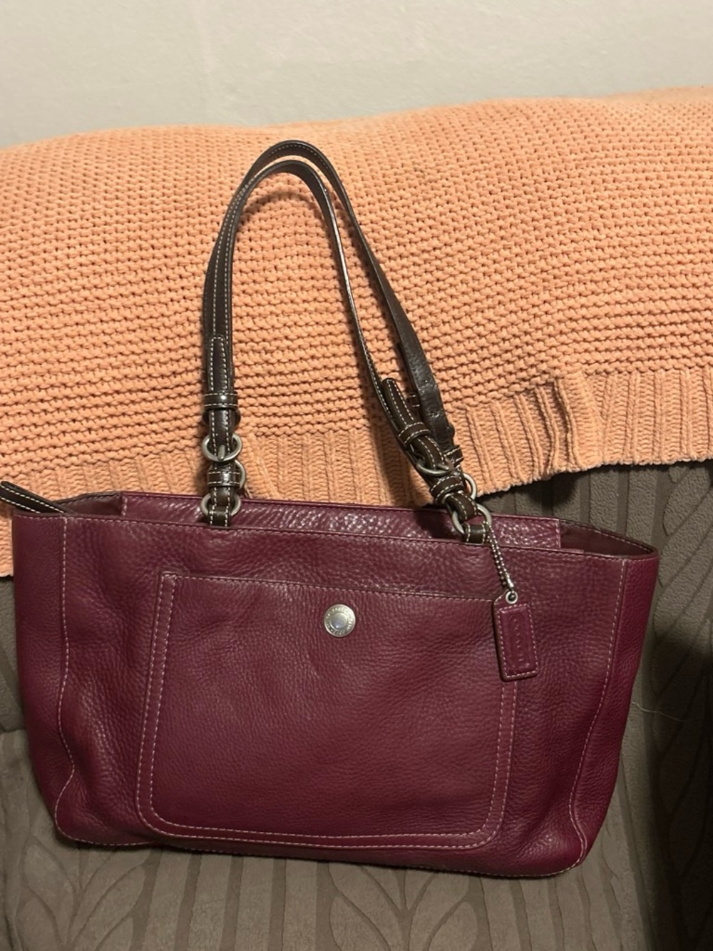 Coach Burgundy Leather Tote with Dark Brown Handles